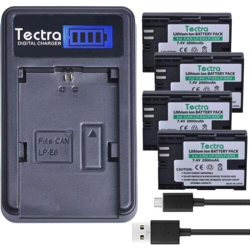 Tectra 4PCS LP-E6 LPE6 LP-E6N Battery + LCD USB Charger for Canon EOS 5D 5D2 5DS Mark II 2 Mark III 3 6D 60D 7D 7D2 7DII 70D 80D