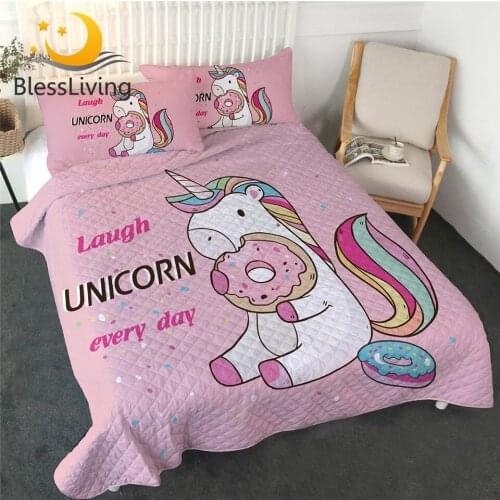 BlessLiving Cute Unicorn Coverlet Set Queen 100% Microfiber Quilted Bedding Set Colorful Donuts Cartoon Bedspreads Double Beds