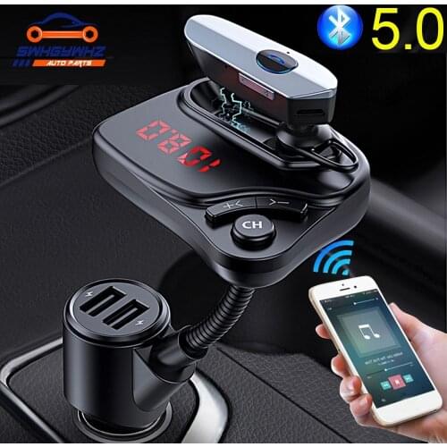 Bluetooth 5.0 FM Transmitter Handsfree In-ear Earphone Car MP3 Player Modulator Dual USB Charger Support TF Card