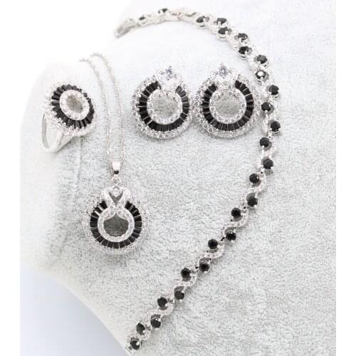 Black Cubic Zirconia Silver Bridal Jewelry Sets Women Wedding Costume Necklace Sets Ring Earrings Pendant Bracelet Jewelry