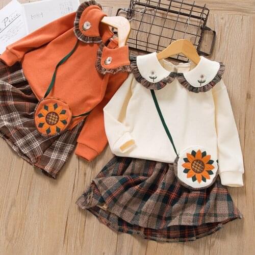 DFXD Childrens Clothing Set Spring Baby Girl Clothes Flower Embroidery Collar Shirt Tops Plaid Skirts With Bag 3pc Outfits 2-8T