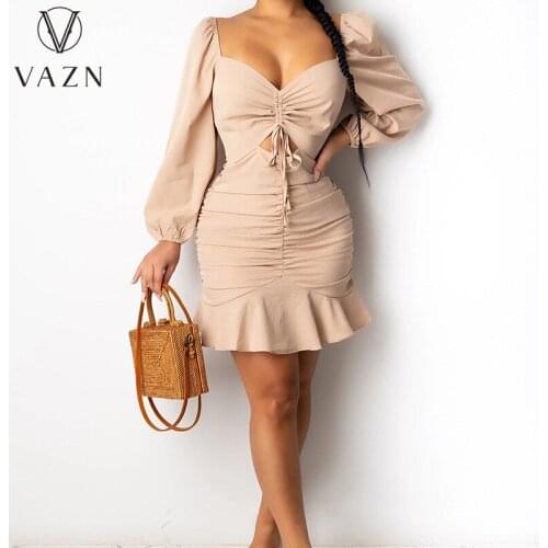VAZN 2021 Early Autumn Drawstring Style Hollow Out Elegant Young Overalls Full Sleeve Women Mermaid Mini Dress Vestido