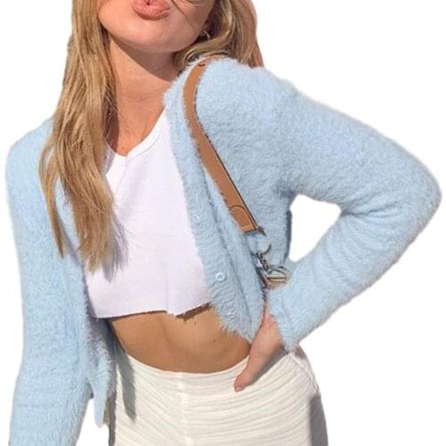 Womens Casual Long-sleeved Cardigan Fashion Solid Color Round Neck Single-breasted Exposed Navel T-shirt