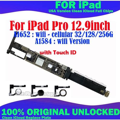 Clean iCloud Unlocked logic mother Main board for ipad Pro 12.9inch A1584 WIFI A1652 WIFI Cellular Version Motherboard full chip