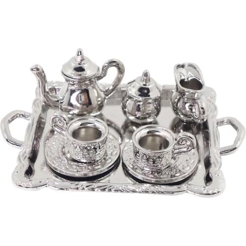 10 Pieces 1:12 Dollhouse Miniature Silver Metal Tea Coffee Set Tableware Best for doll house, room box, house model