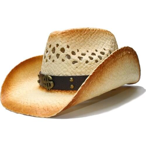Fashion Men Western Cowboy Hat With Punk Money Leather Band Straw Dad Beach Sun Sombrero Cap Mesh Cowgirl Jazz Hat Size 58CM