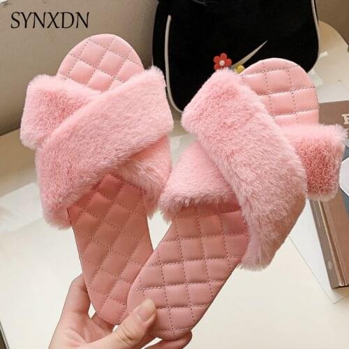 Fashion New Winter Indoor House Slippers Faux Fur Floor Flat Ladies Sandals Home Furry Slippers Female Warm Shoes