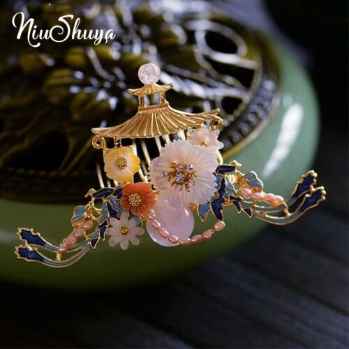 NiuShuya Chinese Vintage Porcelain Hair Comb Flower Gold Pavilion Costume Hanfu Wedding Bridal Hair Accessories