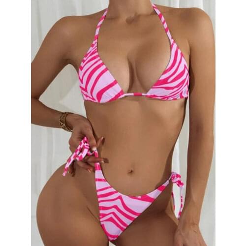 New Sexy Halter Striped Bikini 2021 Women swimsuit female swimwear Two pieces bikini set string Bather bathing suit Swim Lady