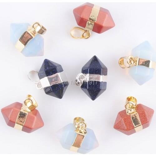 New Mix Color 8Pcs Natural Stone Pendulum Pendant Hexagon Energy Point Reiki Opal Blue Sand Golden Sand Stone Beads Pendants E01