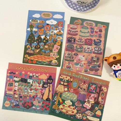 SKYSONIC Retro Bear Rabbit Laser Stickers Cute DIY Journal Stationery Bullet Plan Deco Sticker Idol Cards Decorative Supplies