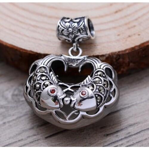 Sterling silver retro palace temperament simple chalcedony long life lock necklace rich fish clavicle pendant