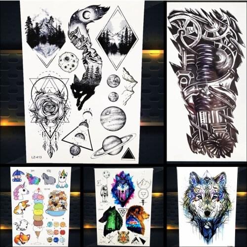 Temporary Tattoo Stickers Women Body Art Arm Fake Tatoos Black Robotic Arm Men Sexy Sexy Tattoo Flower Mountain Forest Fox