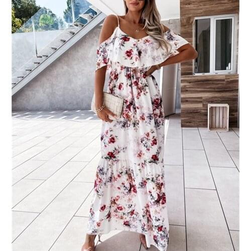 Ladies Summer Maxi Dress Boho Beach Floral Printing Sundress Off Shoulder Spaghetti Straps Ruffle High Waist Vestidos Vacation