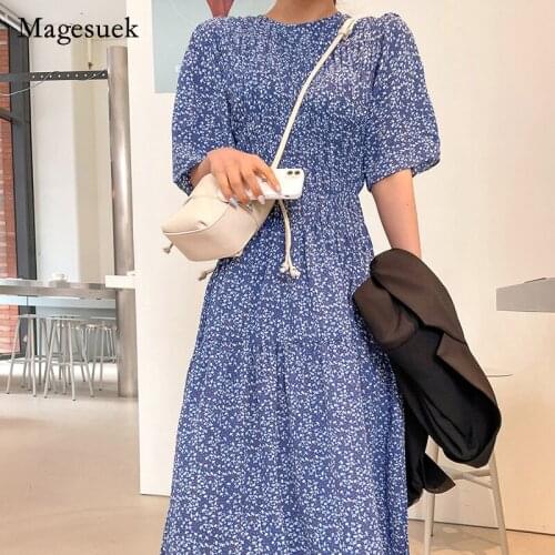 New 2021 Summer Dress for Women Chiffon Floral Fold Short Sleeve O-Neck Long Dress Casual OfficeLady Casual Dress Vestido 14151