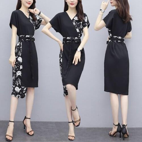 Black Sexy Chiffon Dress Women 2020 Printed Long V-neck Bat Sleeve Dresses Ladies Summer Temperament Female Vestidos Mujer Z836