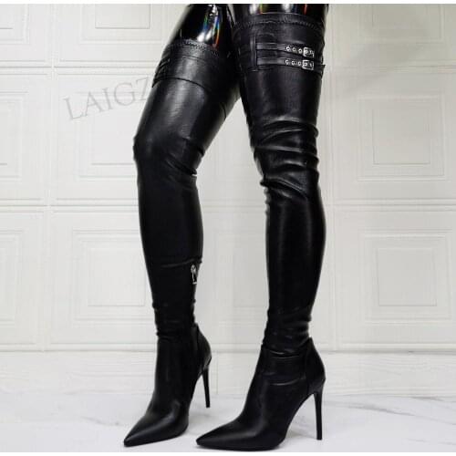 BERZIMER Pink Women Thigh High Boots Stretchy Stiletto High Heels Over Knee High Boots Autmn Winter Shoes Woman Big Size 43 47