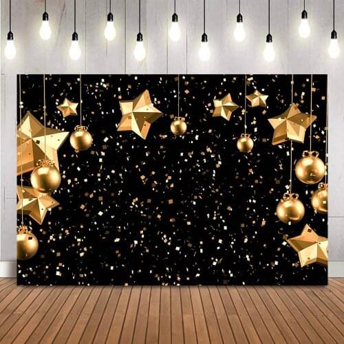 Glitter Birthday Stars Backdrop for Photography Studio Gold Confetti and Balls Adult Theme Birthday Party Decoration Supplies