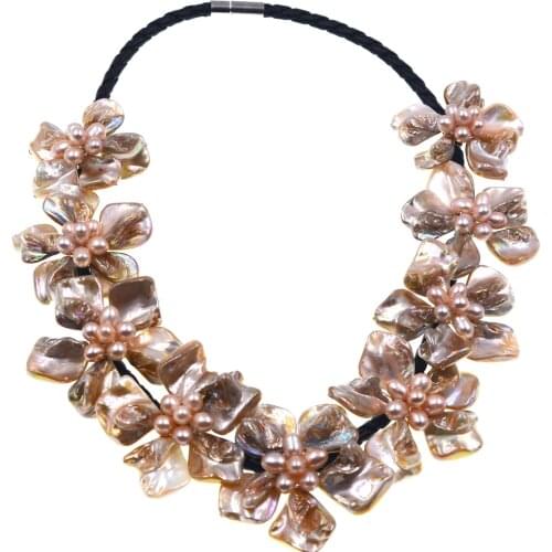 9pieces shell flower +freshwater pearl flower necklace pink/green/black/white 18inch gift FPPJ amazing for women