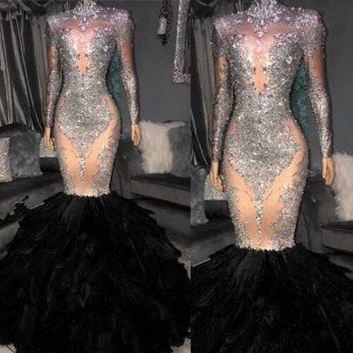 SuperKimJo Vestidos Formales Black Feather Evening Dresses Long High Neck Modest Mermaid Lace Applique Beaded Sexy Formal Dress