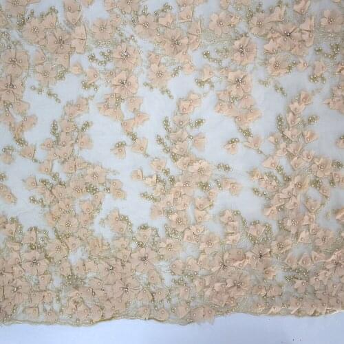 French 3D Flower Crystal Pearls Lace HandWork Beaded Tulle Sequins Fabrics For Wedding Dress HY0869