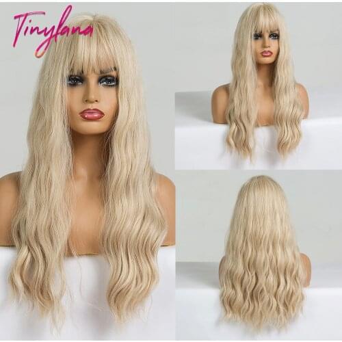 TINY LANA Long Light Blonde Wigs with Bangs Heat Resistant Synthetic Wavy Wigs for Women African American fashion hairs Peruca