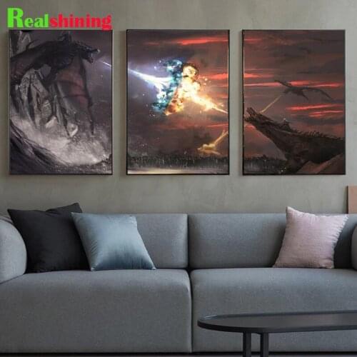 Full Square round Drill 5D DIY Diamond Painting 3 Piece Fire Dragon Movie Poster diamond Embroidery Cross Stitch N1685