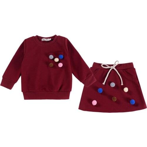 New Fashion Baby Kids Girls Clothes Sets 2PCS Long-Sleeved Solid With Balls Sweatshirts Tops +Mini Skirts Sets Kids Clothing