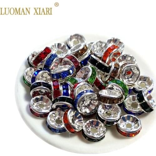 Wholesale AAA 6mm 8mm 100Pcs Colorful Copper Wheels Spacers Beads Silver Plated Rhinestone Crystal Beads For Jewelry Making DIY