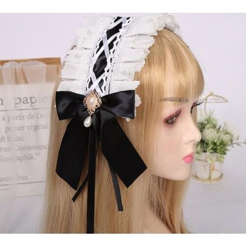 Japanese Lolita Lace Pearl Headband Cute Hair Accessories Girl Bow Gauze Net Headdress Anime Cosplay Kawaii Hair Accessories