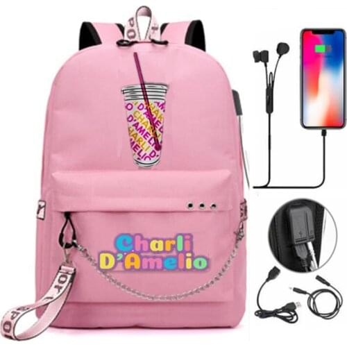 Charli Damelio Backpack Teenager Boys Girls USB Charge School Bag Women Pink Laptop Bagpack Men Travel Bagpack Bookbag Mochila