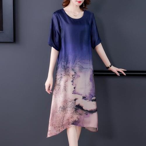 Summer silk printing dress new retro printing short sleeve long dress large size loose elegant comfort