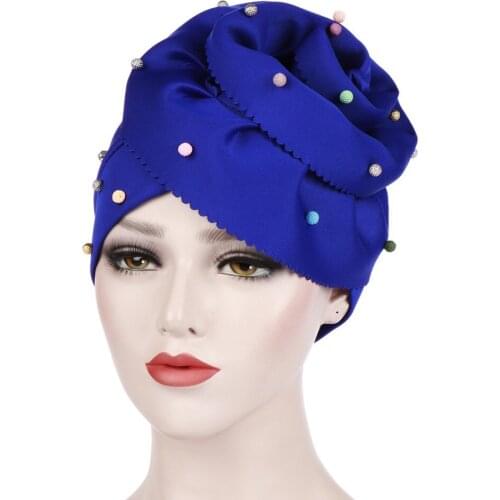 Solid Color Beaded Turban Space Cotton Candy Beads Large Flower Hat Headscarf Cap