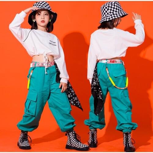 2021 Girls Hip Hop Dance Costumes For Kids Children Jazz Performance Costumes White Tops Loose Pants Street Dance Wear DQS6634