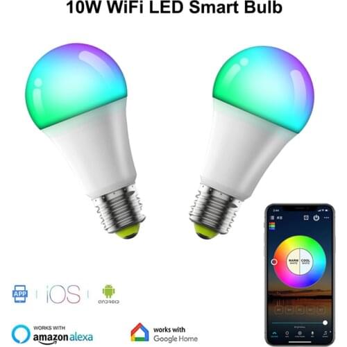 WiFi Smart Light Bulb E27 LED Lamp AC100-240V RGB+Cool+Warm White Colorful Changing Work With Alexa Google Home Time Mode