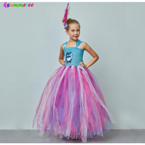 Fluffy Girls Blue Owl Gown Tutu Dress With Feather Hair Clip Children Birthday Party Pageant Animal Costume Kids Photo Dress