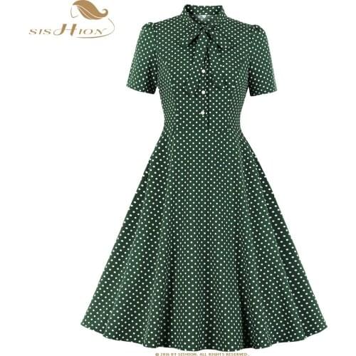 SISHION Short Sleeve Green Dress VD1635 Vintage Polka Dot Christmas Undefined Elegant Party Dresses vestidos