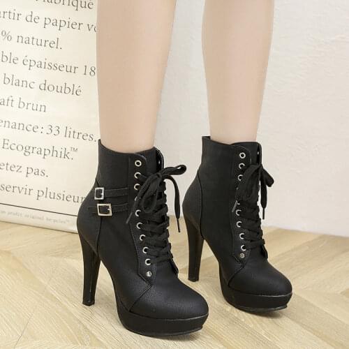 Comemore Plus Size Ankle Boots Women Platform High Heels Female Lace Up Womens Shoes Buckle Woman Short Boot Ladies Footwear