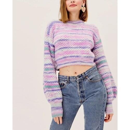 Women Striped Knit Cropped Jumper With Volume Sleeves A832
