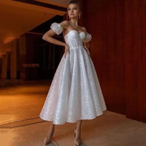 Vestido de Noiva Curto 2021 New Short Wedding Dresses Glitter Tea Length Bride Dress with Puff Short Sleeve Wedding Gowns