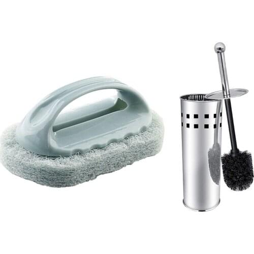 1 Pcs Handle Bath Brush Tile Brush Kitchen Sponge Blue & 1 Pcs Toilet Brush and Holder