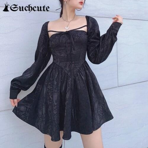 SUCHCUTE Sexy Backless Women Slim Pleated Mini Black Dress Vintage Printing Long Sleeve Party Elegant Korean Clubwear Outfits