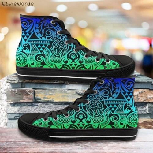 ELVISWORDS Polynesian Tribal Turtles Gradient Pattern High Top Style Vulcanized Shoes for Womens Casual Ladies Lace Up Sneakers
