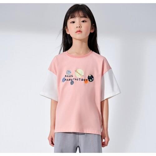 Hollead Boy Girl Planet Print T-Shirts Casual Kids Short Sleeve Tee Baby Tshirt Girls Tops Children Clothes Pink White Khaki