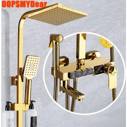 Hot Cold Shower System Bathroom Smart Thermostatic Digital Shower Set Wall Mount SPA Rainfall Bath Faucet Square Head Gold Tap