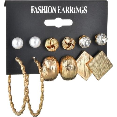 6 Pairs/Sets Vintage Gold Color Geometric Simulated Pearl Stud Earrings Set For Women New Brincos Fashion Jewelry