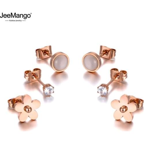 JeeMango Trendy Titanium Stainless Steel Flower Rhinestone Earrings Jewelry 3Pair/Set CZ Crystal Earrings For Women Girl JE20039