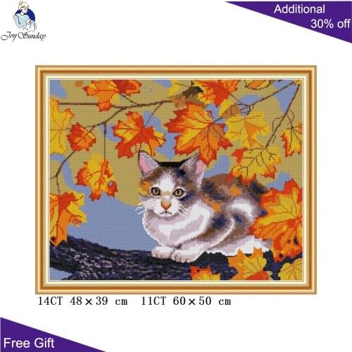 Joy Sunday Cat And Maple Embroidery Home Decor DA345 14CT 11CT Counted and Stamped Cat And Maple Cross Stitch Kits