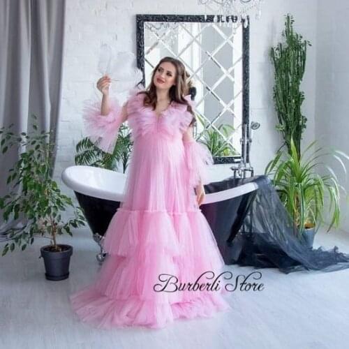 Pretty Pink V-neck Long Sleeves A-line Maternity Dress To Photo Shoot Sweet Tiered Tulle Ruffles Pregnant Women DressesPrincess