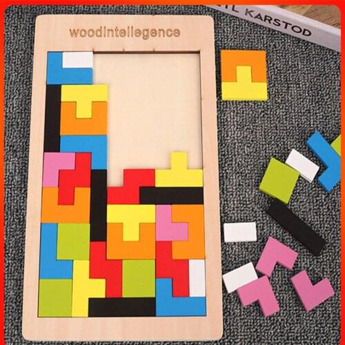 Colorful 3D Puzzle Wooden Tangram Math Toys Tetris Game Children Pre-school Magination Intellectual Educational Toy for Kids